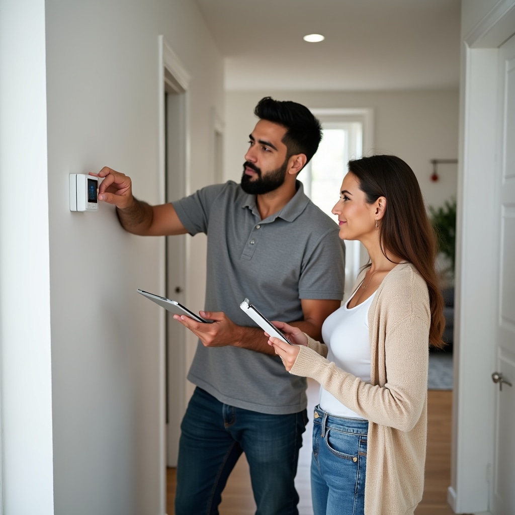 Homeowner receiving practical training on heat pump thermostat operation