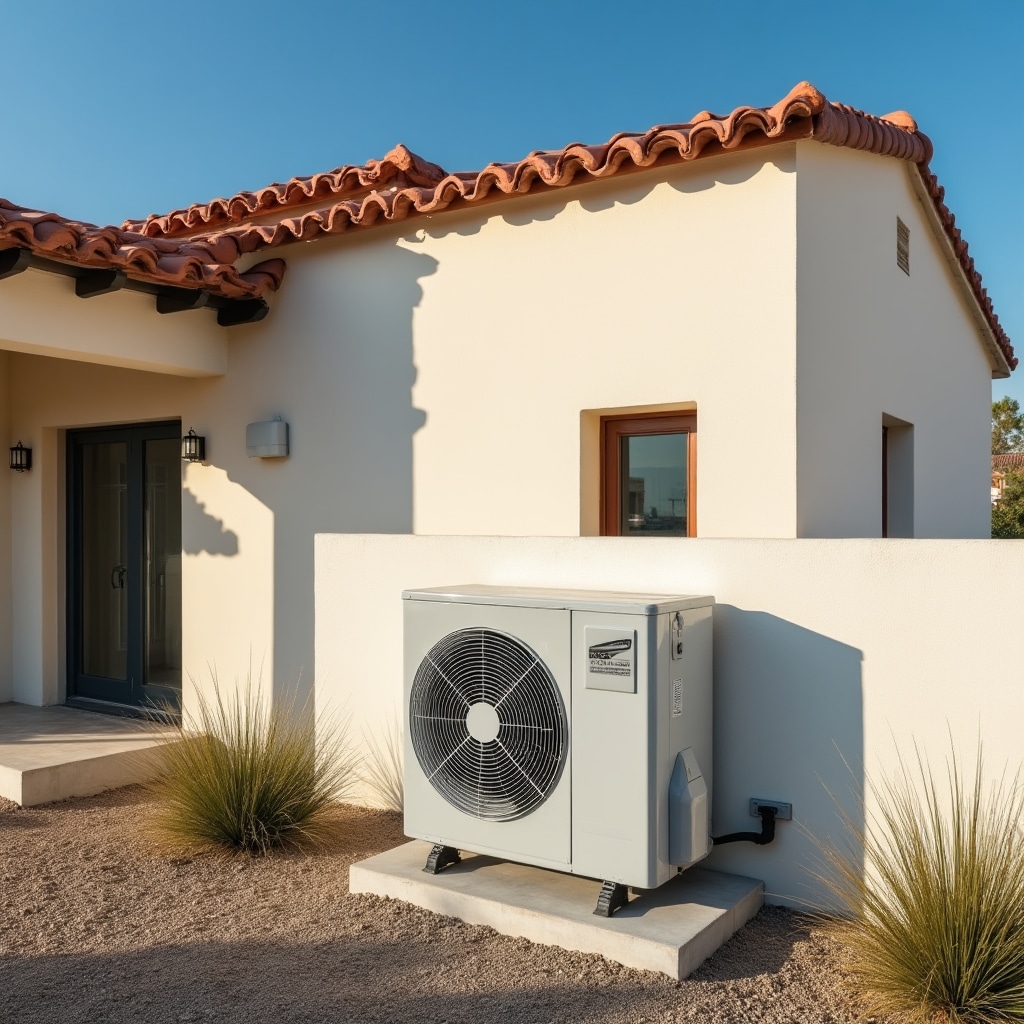 Modern heat pump unit installed outside residential home
