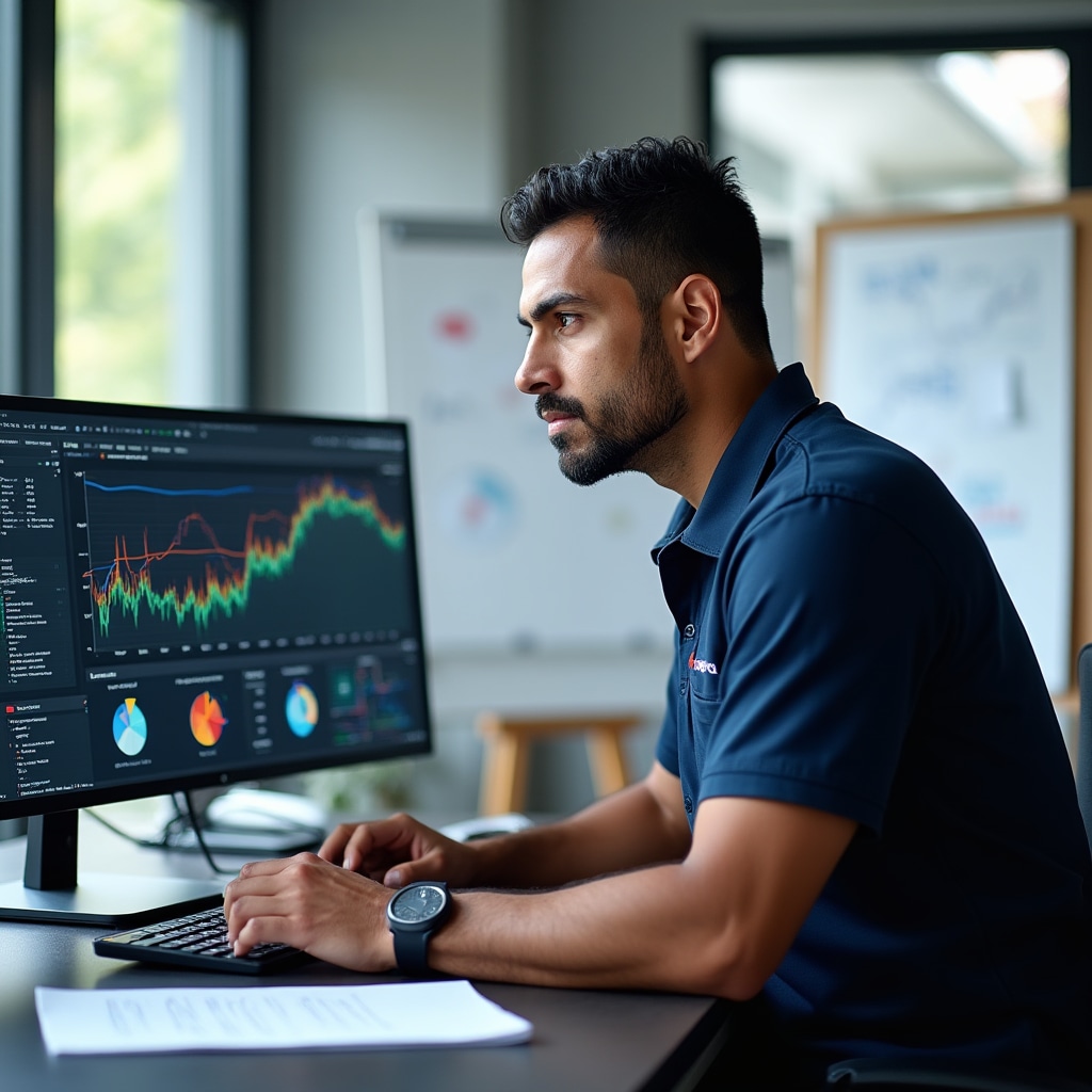 Technical expert analyzing heat pump performance data on laptop