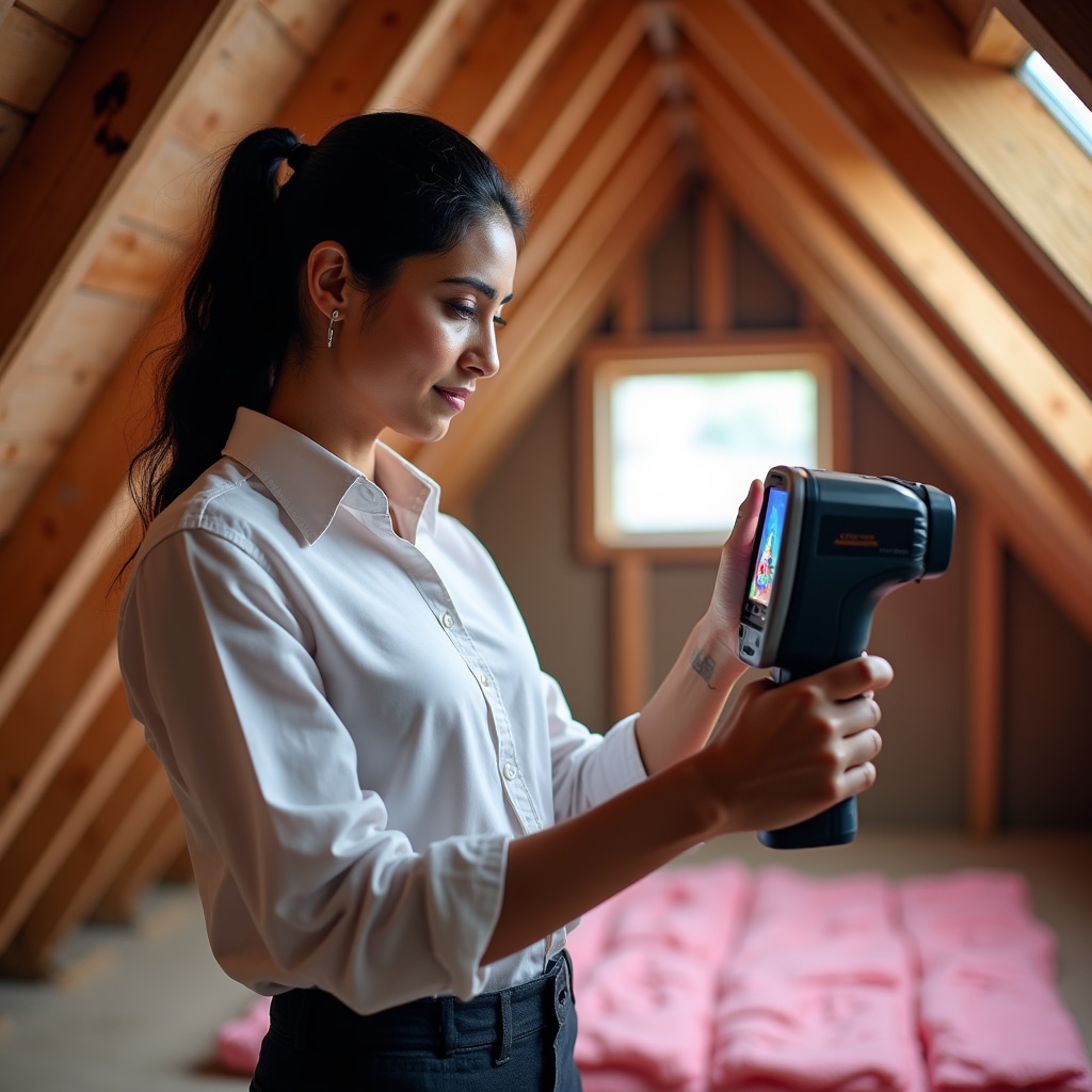 Technician inspecting home insulation and thermal characteristics